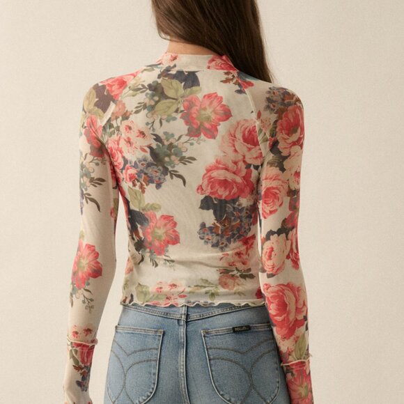 Suzanne Floral-Print Mesh Mock-Neck Thumbhole Top | Womens Fall and Winter Shirt - Picture 4 of 9